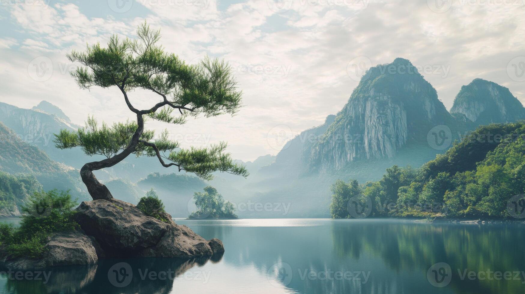 A lone tree is standing on a rock in front of a lake photo