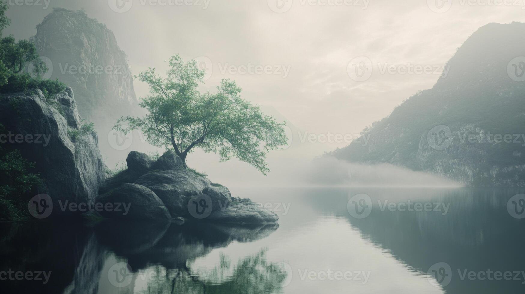 A tree is sitting on a rock in the middle of a lake photo