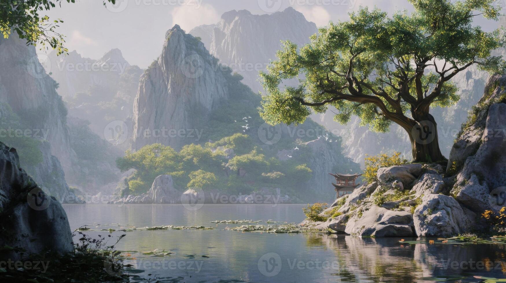 A tree and rocks in the middle of a river photo