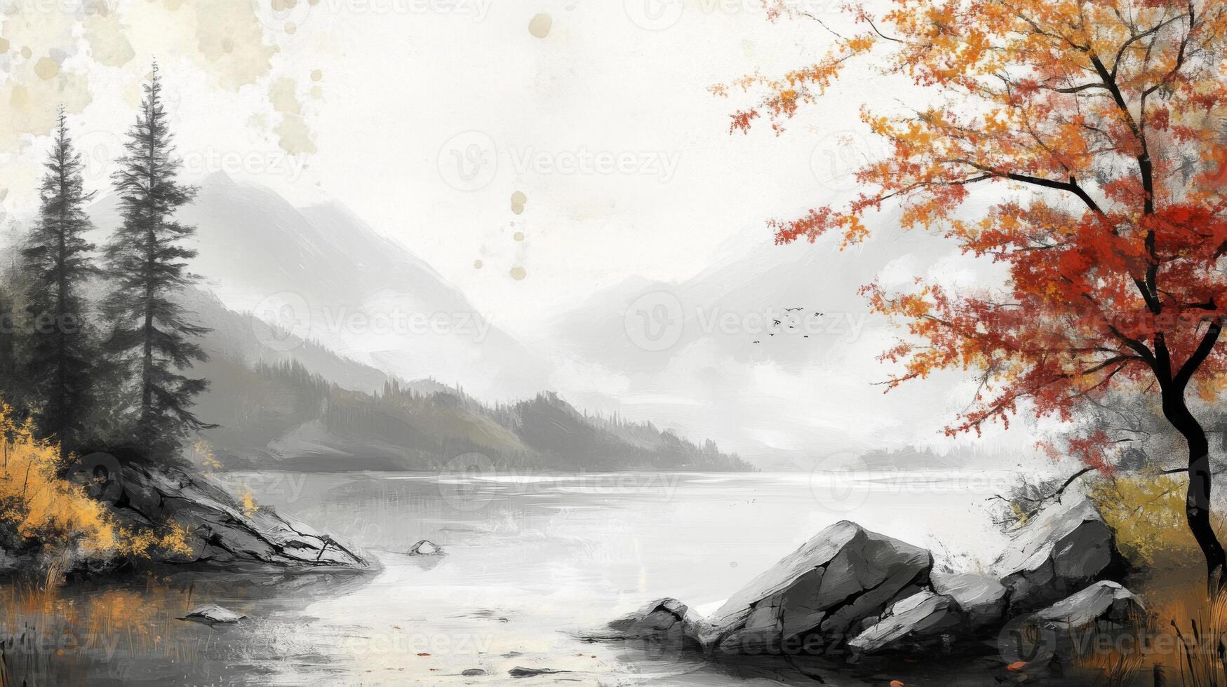 A painting of a river and trees in the fall photo