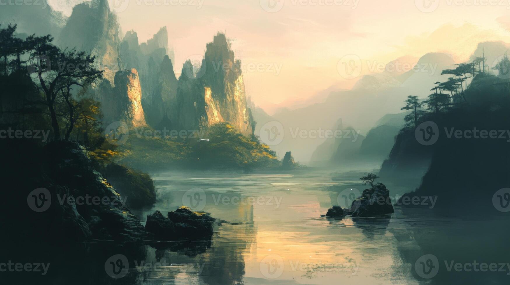A painting of a river and mountains photo