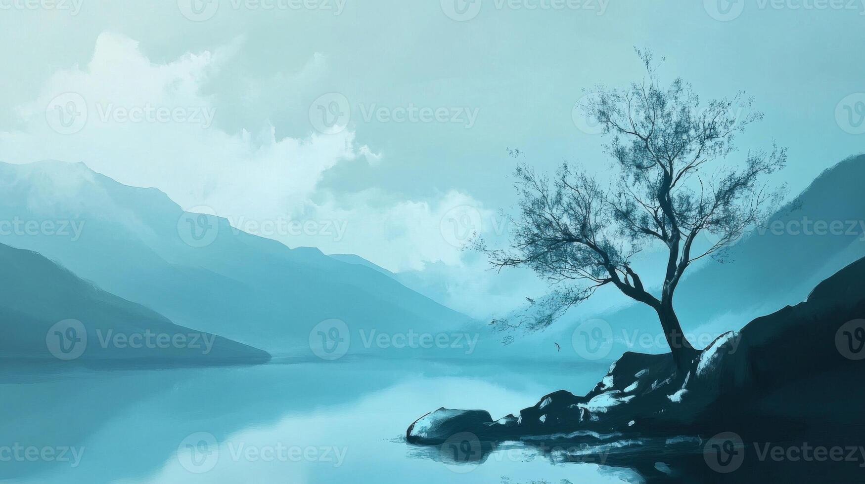 A painting of a tree on a mountain lake photo