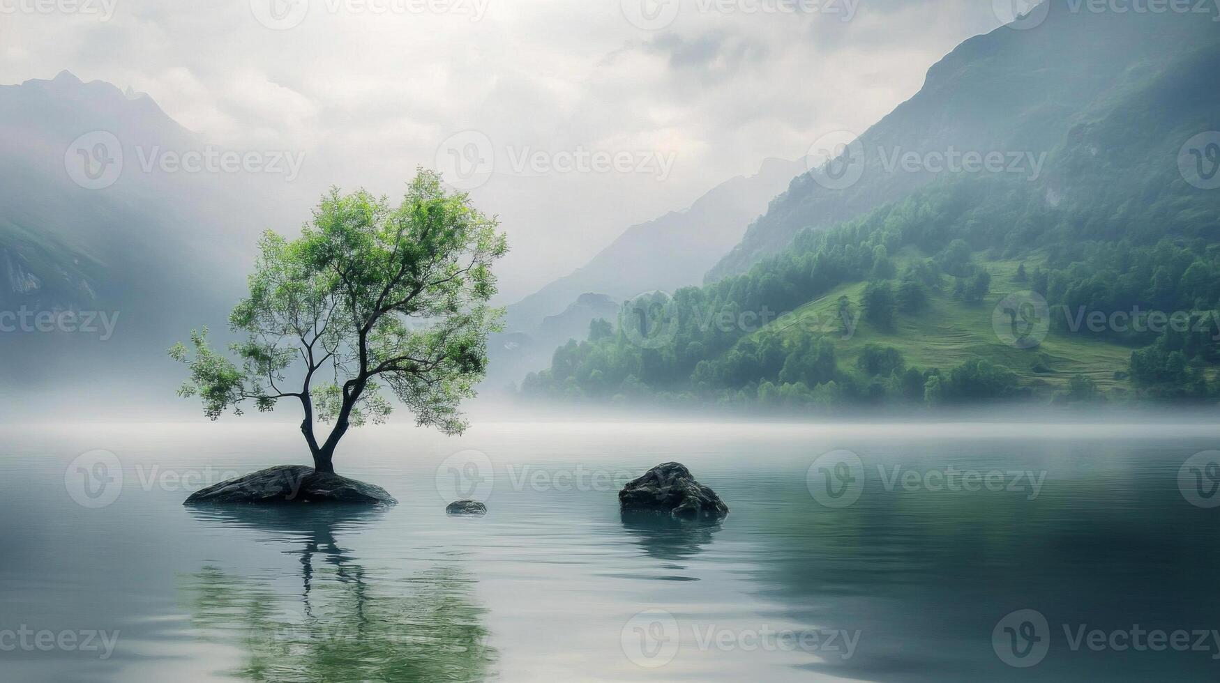 A lone tree in the middle of a lake surrounded by mountains photo