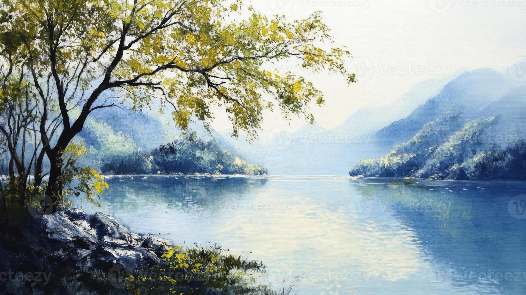 A painting of a lake and trees in the mountains photo