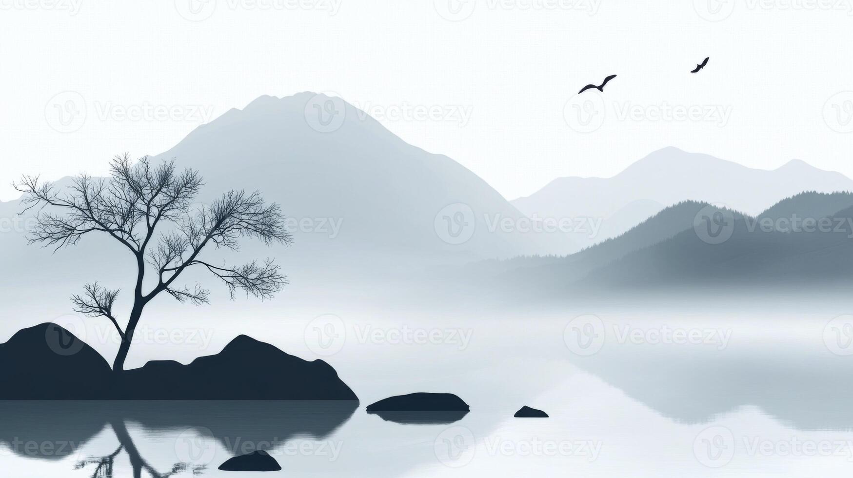 Silhouette of a mountain landscape with a tree and birds photo