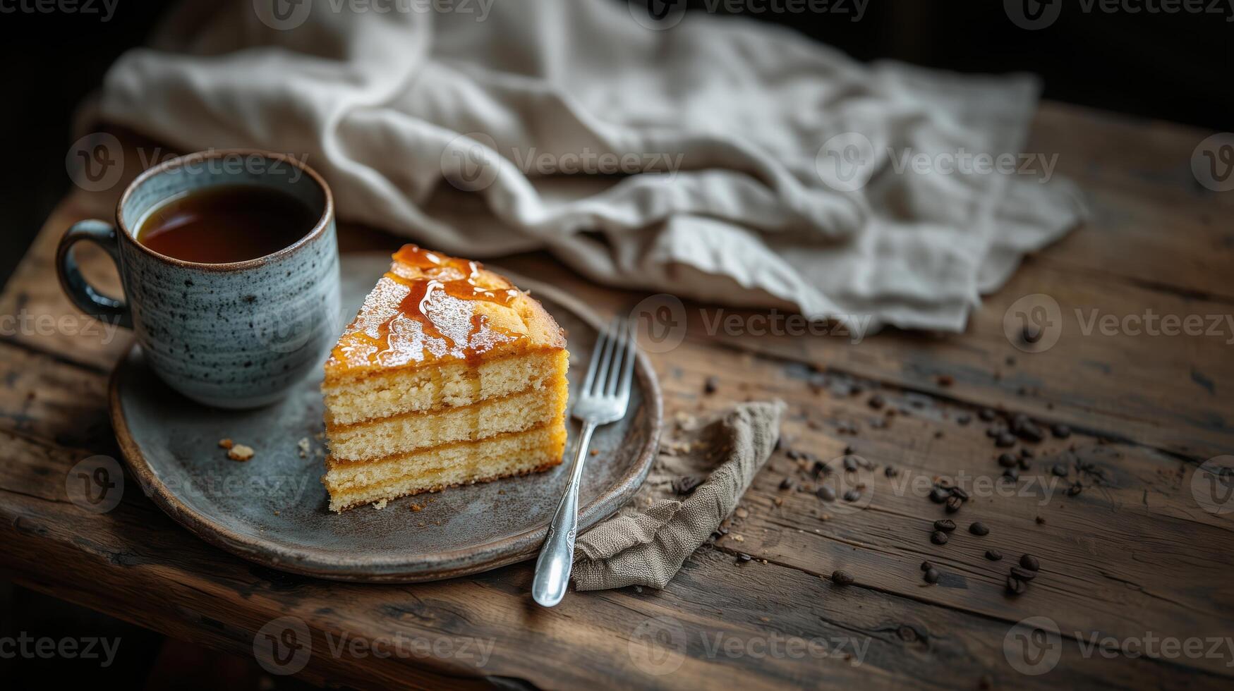 Blue ceramic coffee mug and plate with speckles with piece of caramel cake on a wooden table, cotton fabric earthy tones photo