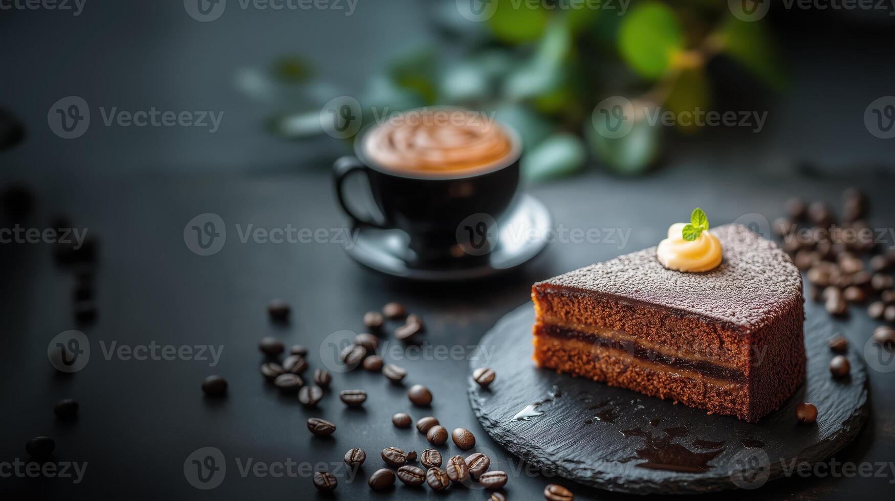 Close up of piece of chocolate cake with cream decorated with coffee and beans on dark background photo