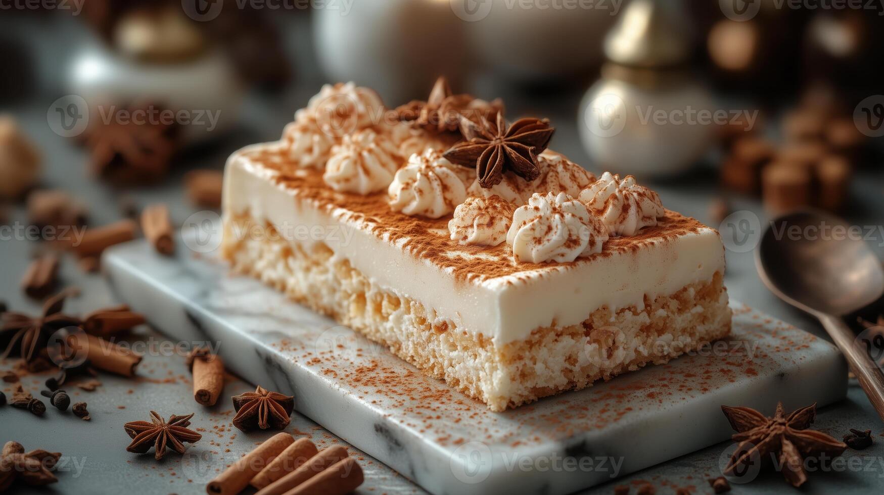 Slice of cream cake on marble stand decorated with star anise, cinnamon sticks, blurred background photo