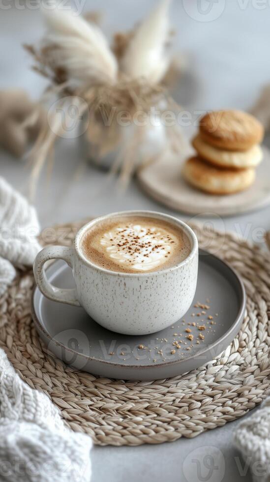 Ceramic coffee cup with speckles with rustic table setting, dried flowers and cookies on the blurred background photo
