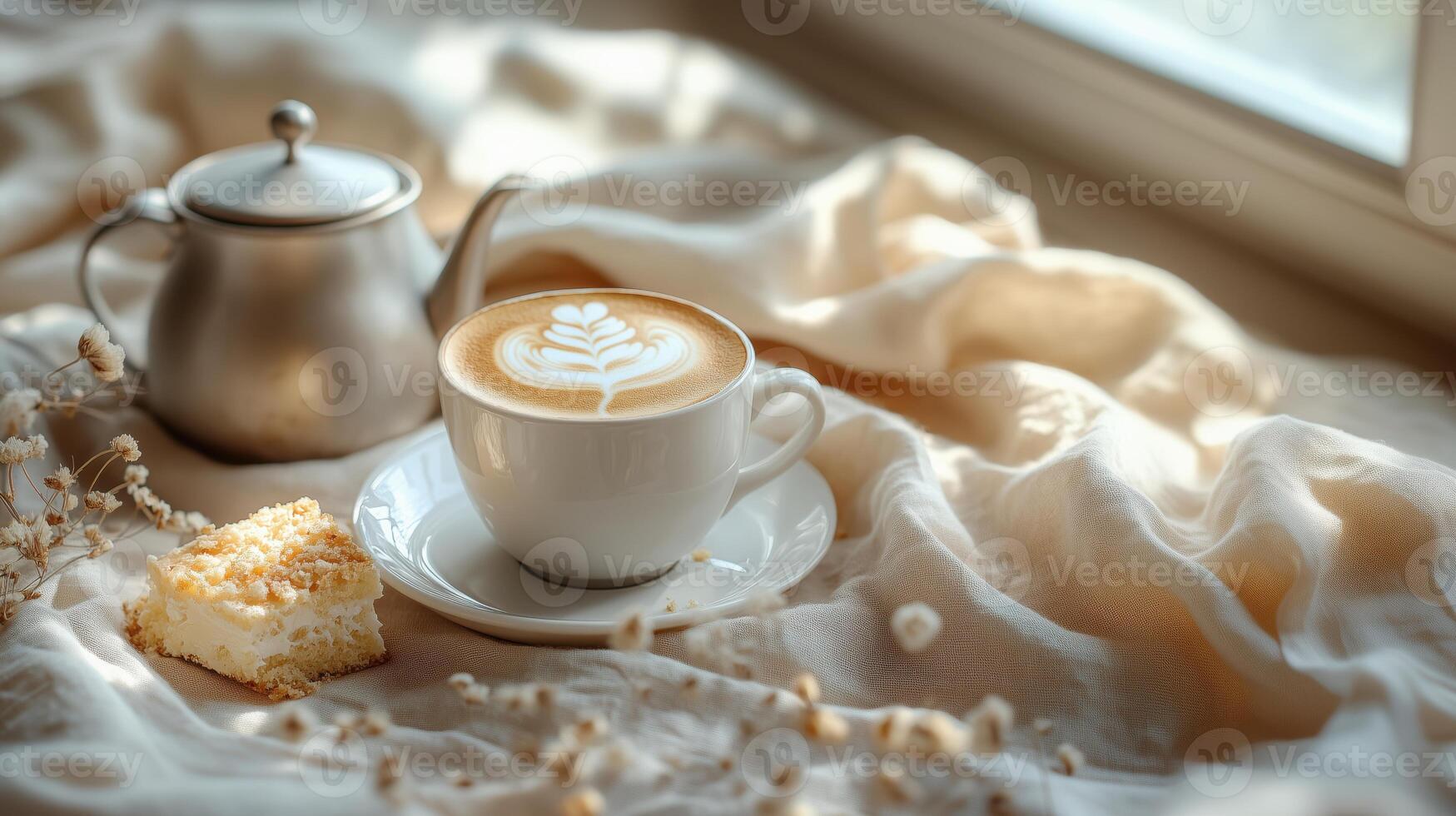 Close up of coffee cup on cotton fabric with bitten dessert in sunlight against blurred teapot background photo