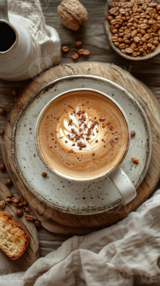 Close up of coffee cup with latte art on a speckled plate on a wooden table decorated with a coffee beans, cotton fabric photo