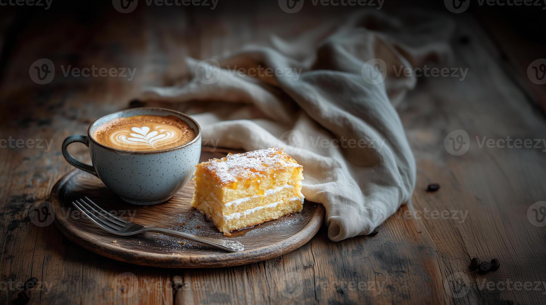 Blue ceramic coffee cup with speckles on a wooden plate with piece of homemade cake, cotton fabric, earthy tones photo