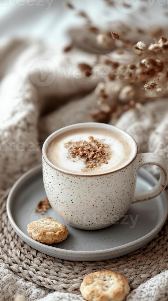 Close-up ceramic coffee cup with speckles with cookies, blurred background, fabric and dried flowers in warm tones photo