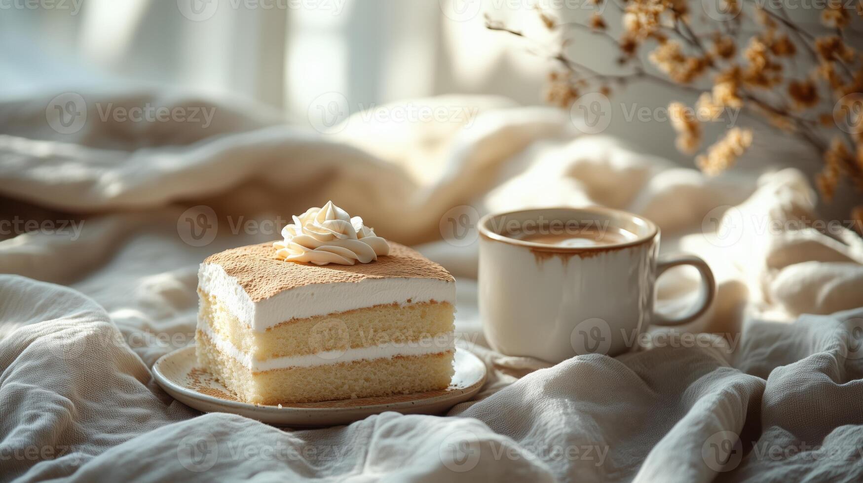 Cream cake and a speckled coffee mug on cotton fabric in the warm sunlight against a blurred background of dried flowers photo