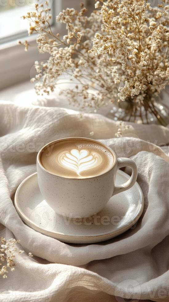 Close up of speckled ceramic coffee cup with latte art on cotton fabric, dried flowers, soft sunlight photo