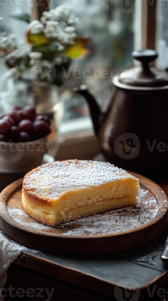 Sliced round homemade pie on a blurred background of a clay teapot, grapes and a vase with flowers in window light photo