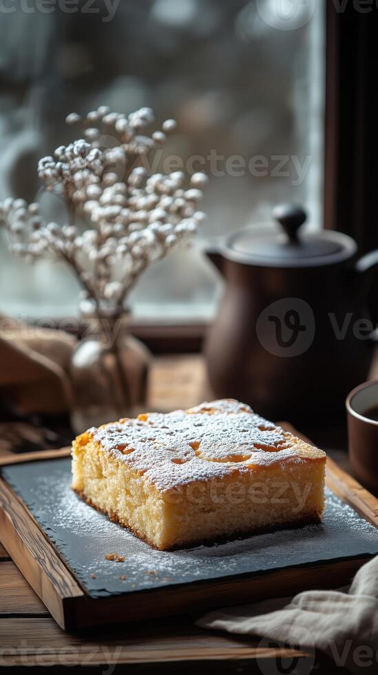 A piece of homemade cake on a blurred background of a clay teapot and a vase with flowers in the window light photo