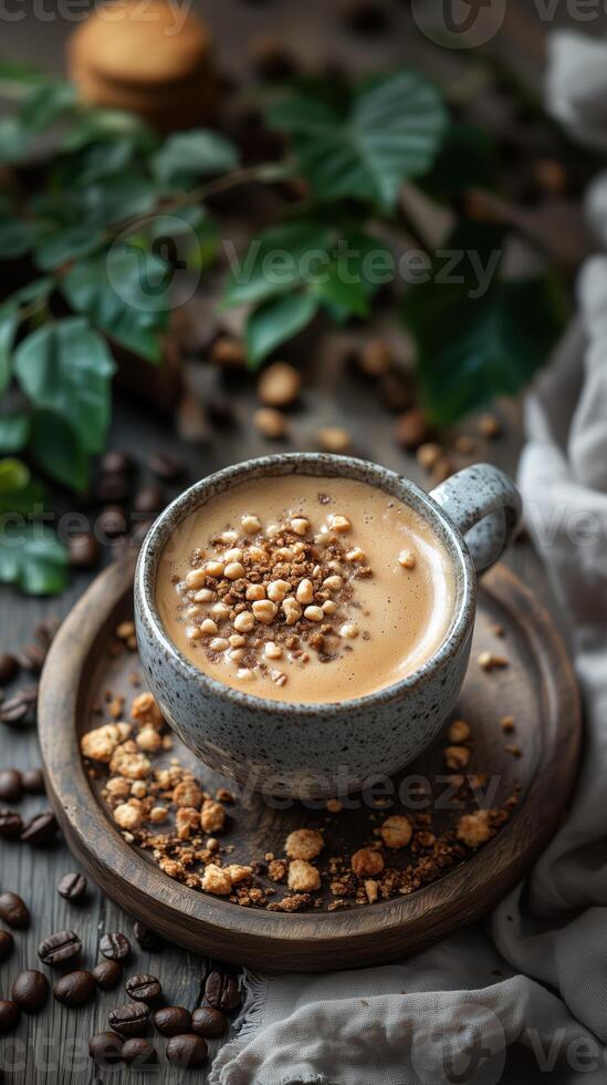 Close up of ceramic coffee cup with speckles on wooden plate decorated with cookie crumbs and coffee beans photo
