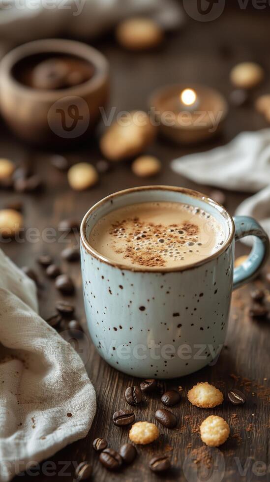 Close up ceramic speckled design mug of coffee on a wooden table with blurred background, coffee beans, cookie crumbs photo