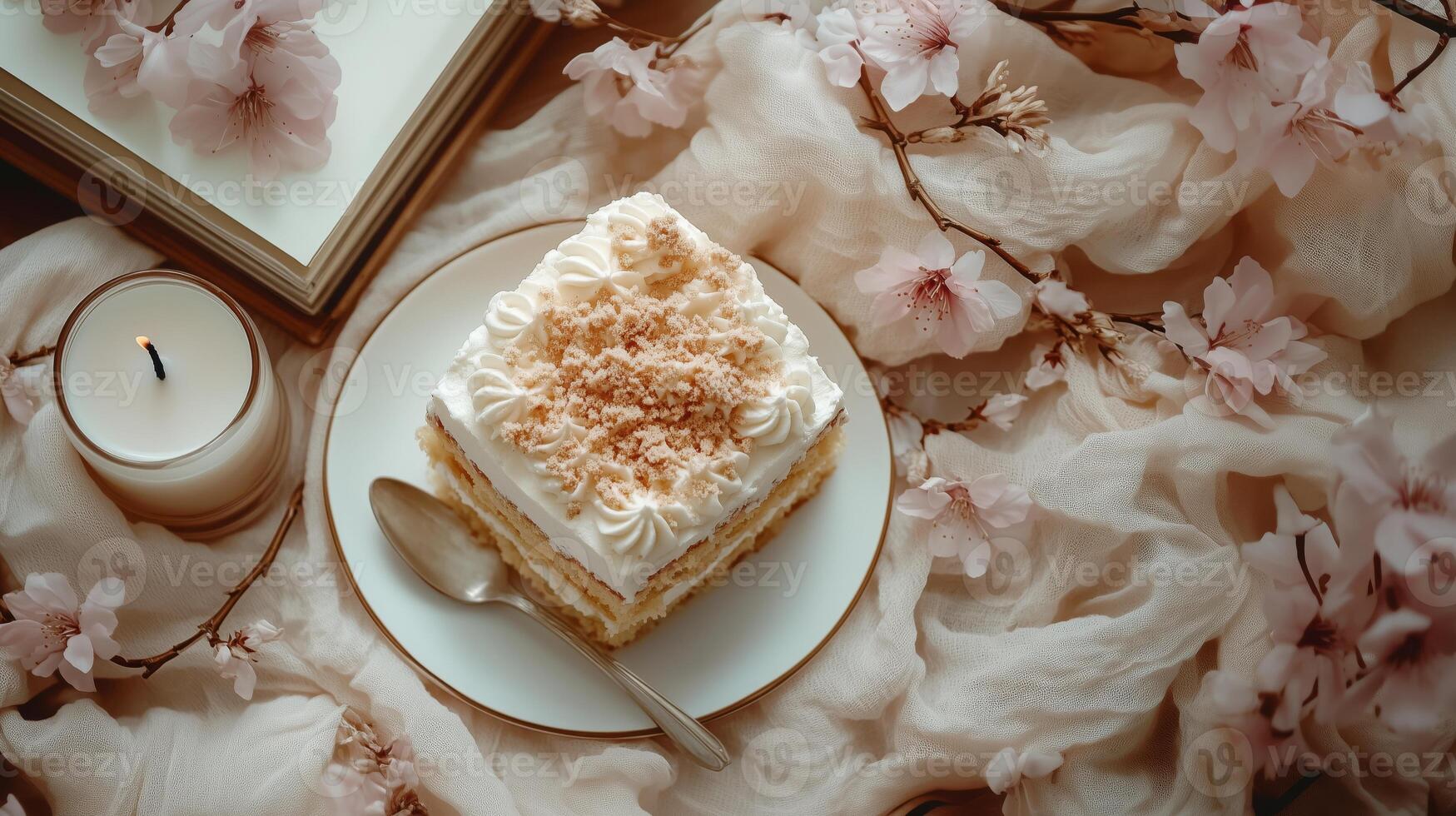 A piece of cake beautifully decorated with cream with a candle and a branch of cherry blossoms on gauze photo