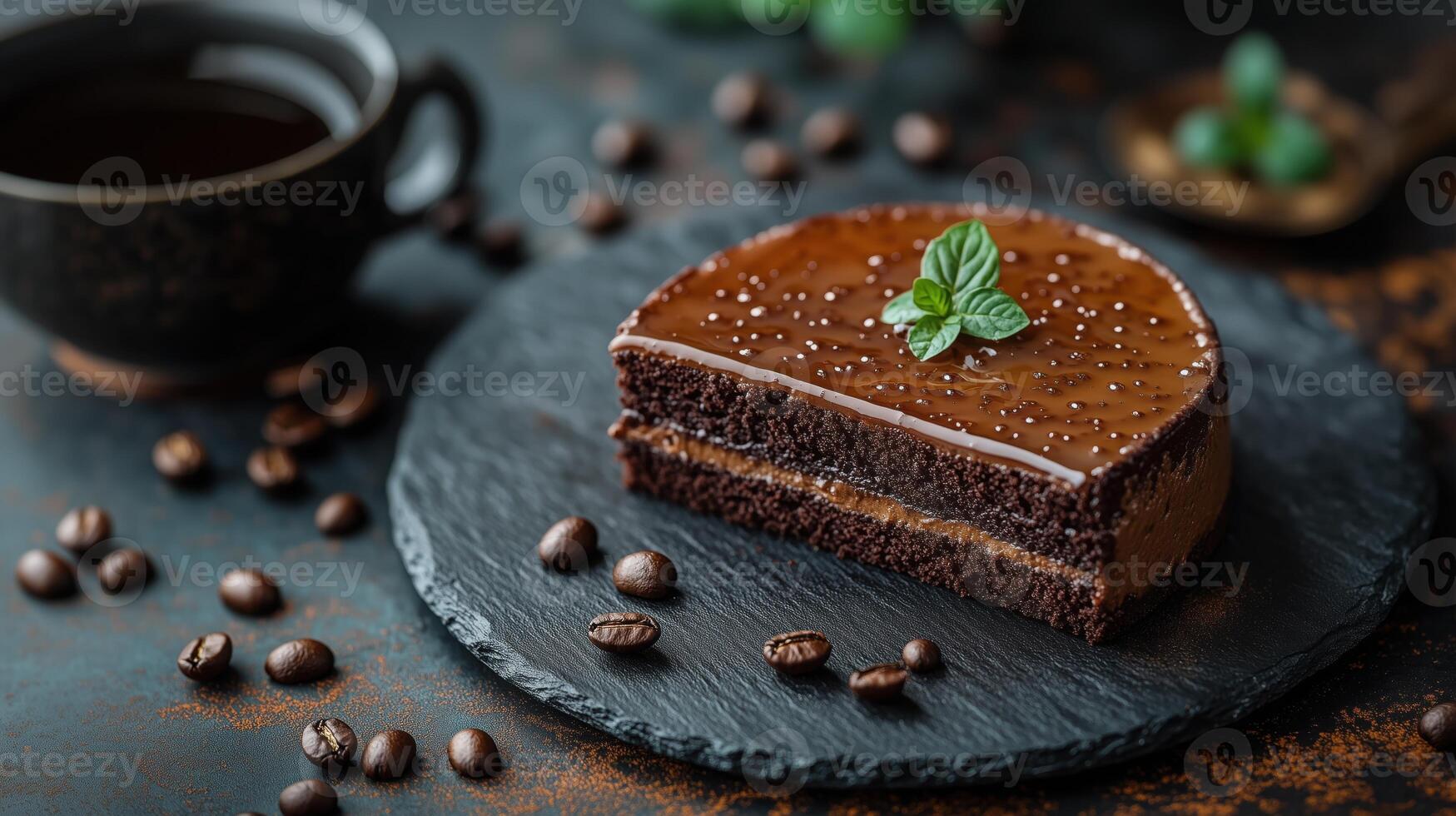 Close up of piece of wet chocolate cake with mint decorated with coffee beans on dark background photo