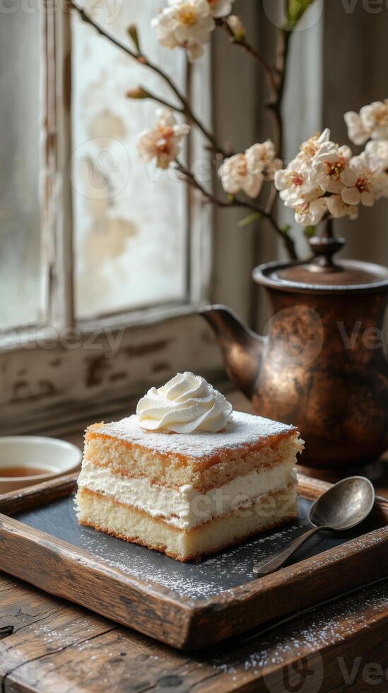 Square piece of homemade cake with cream on the background of an old teapot and a blooming branch in the window light photo
