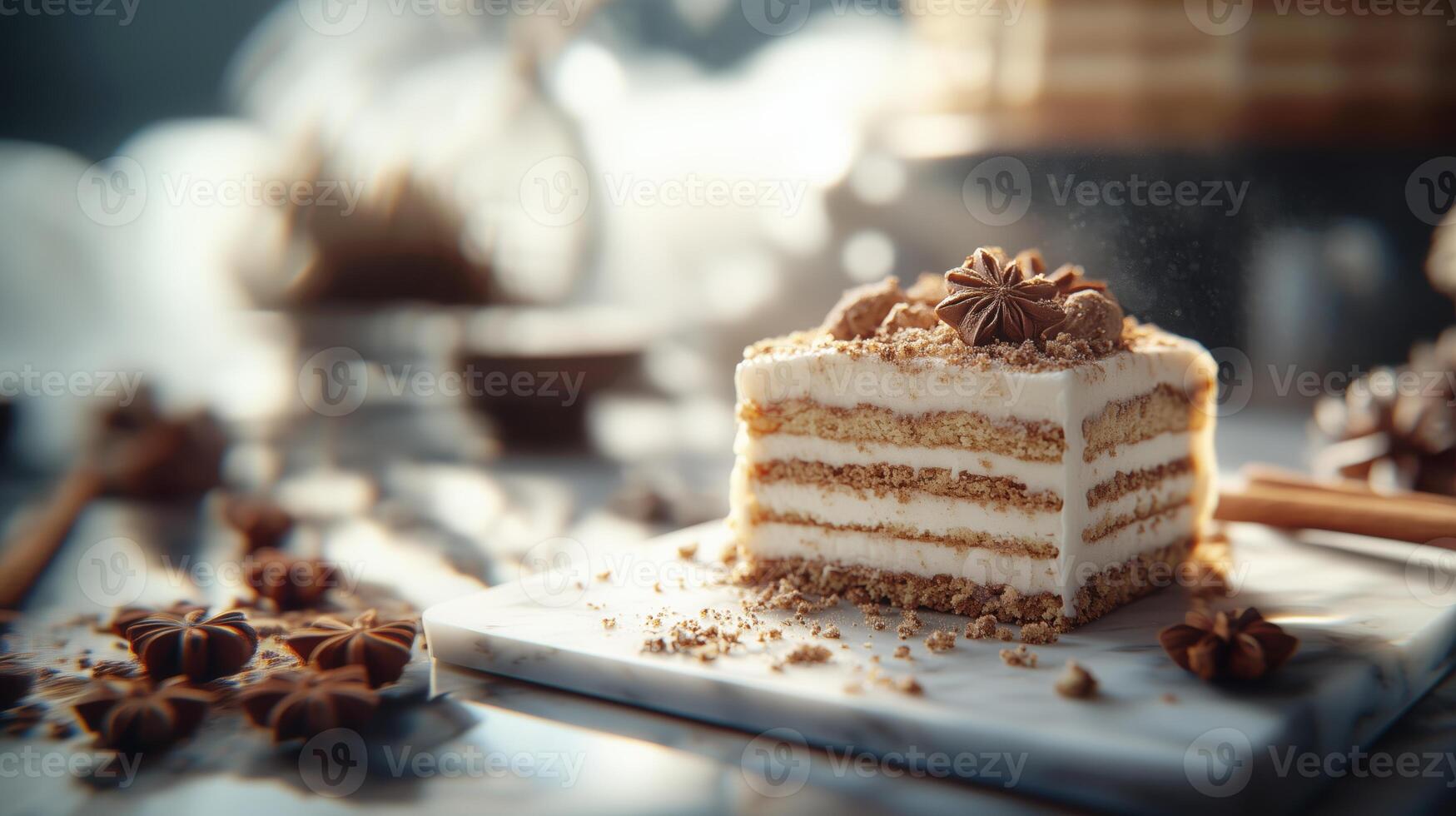 Slice of cake on marble stand with cinnamon and star anise on blurred background with dust particles in a diffused light photo