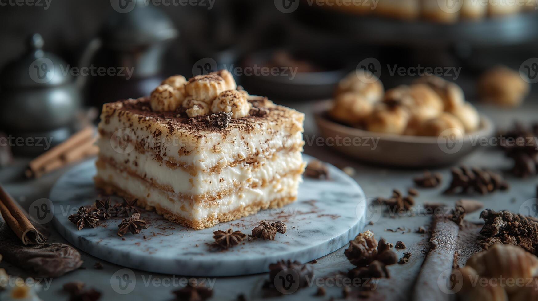 Slice of cream cake on marble stand decorated with cookies cinnamon sticks and star anise on rustic background photo