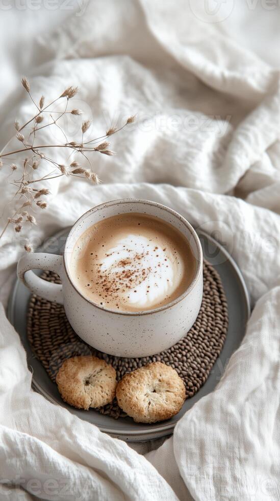 Close up of white ceramic coffee cup with speckles on plate with cookies on white cotton fabric photo
