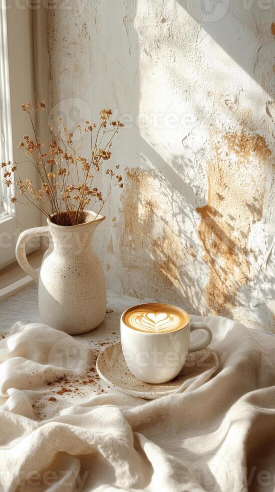 Close up coffee cup latte art on a cotton fabric, dried flowers in speckled ceramic vase, textured wall, soft sunlight photo