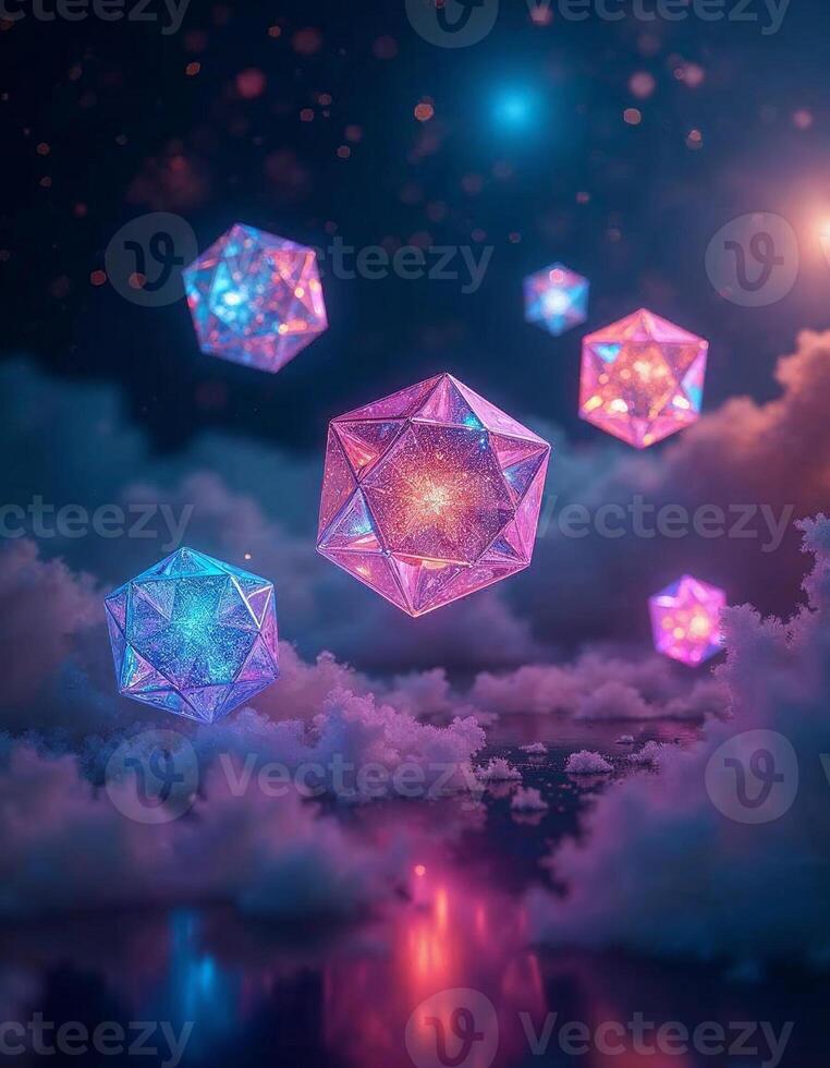 A variety of floating 3D geometric shapes such as tetrahedrons and octahedrons, each with holographic surfaces emitting bright neon colors, surrounded by a dark galaxy-like background photo