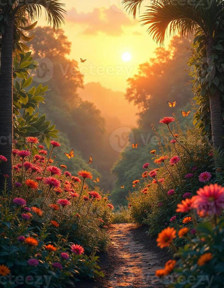 Floral Symphony - A mesmerizing garden scene with vibrant wildflowers, tropical plants, and butterflies under a golden sunset. photo