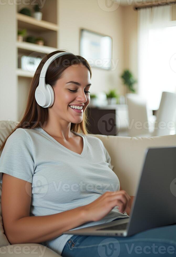 A young woman smiles while enjoying her weekend, immersed in leisure with headphones and a laptop. . photo