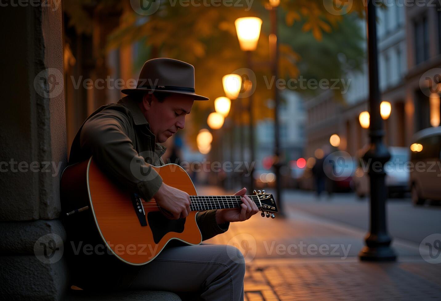 A street musician plays his guitar under soft lamplight, creating a peaceful moment in the quiet city evening. . photo