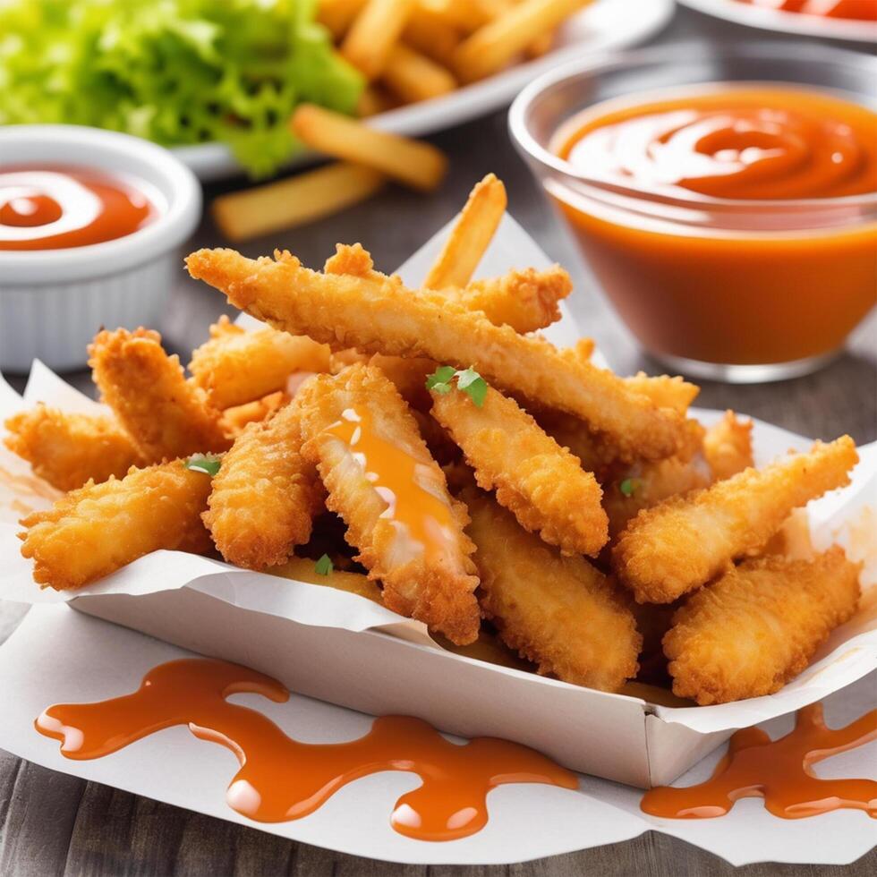 Chicken tenders with sauce and ketchup on a paper tray photo