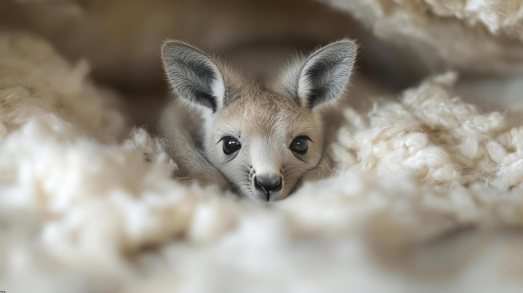 Kangaroo joey resting comfortably in soft bedding during a peaceful moment photo