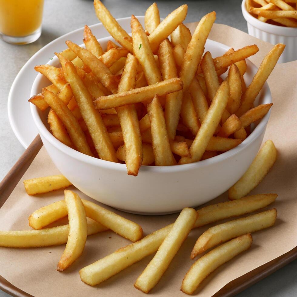 A bowl of french fries sitting on a table photo
