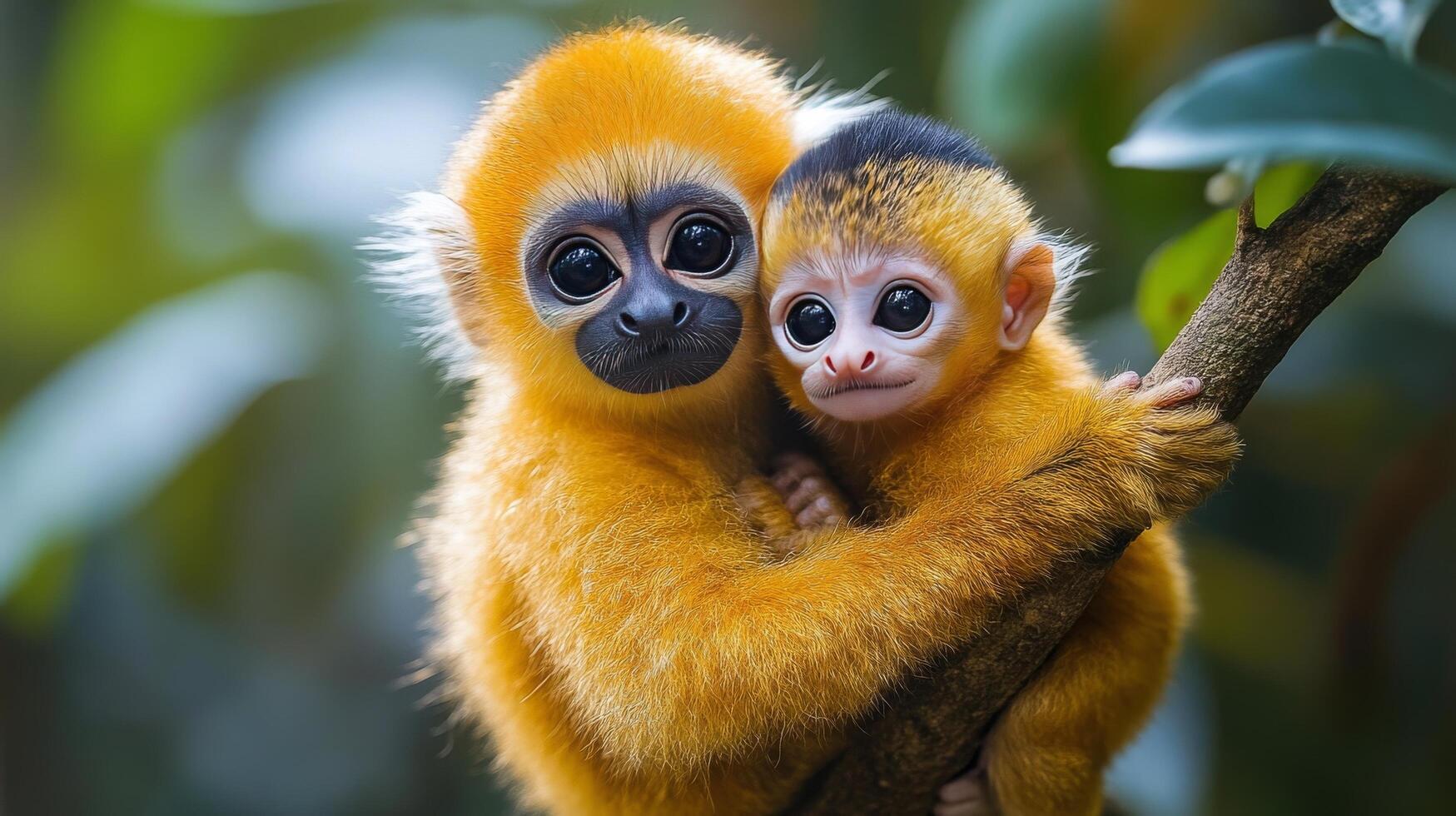 Playful monkeys clinging to tree branch in lush environment during daylight photo