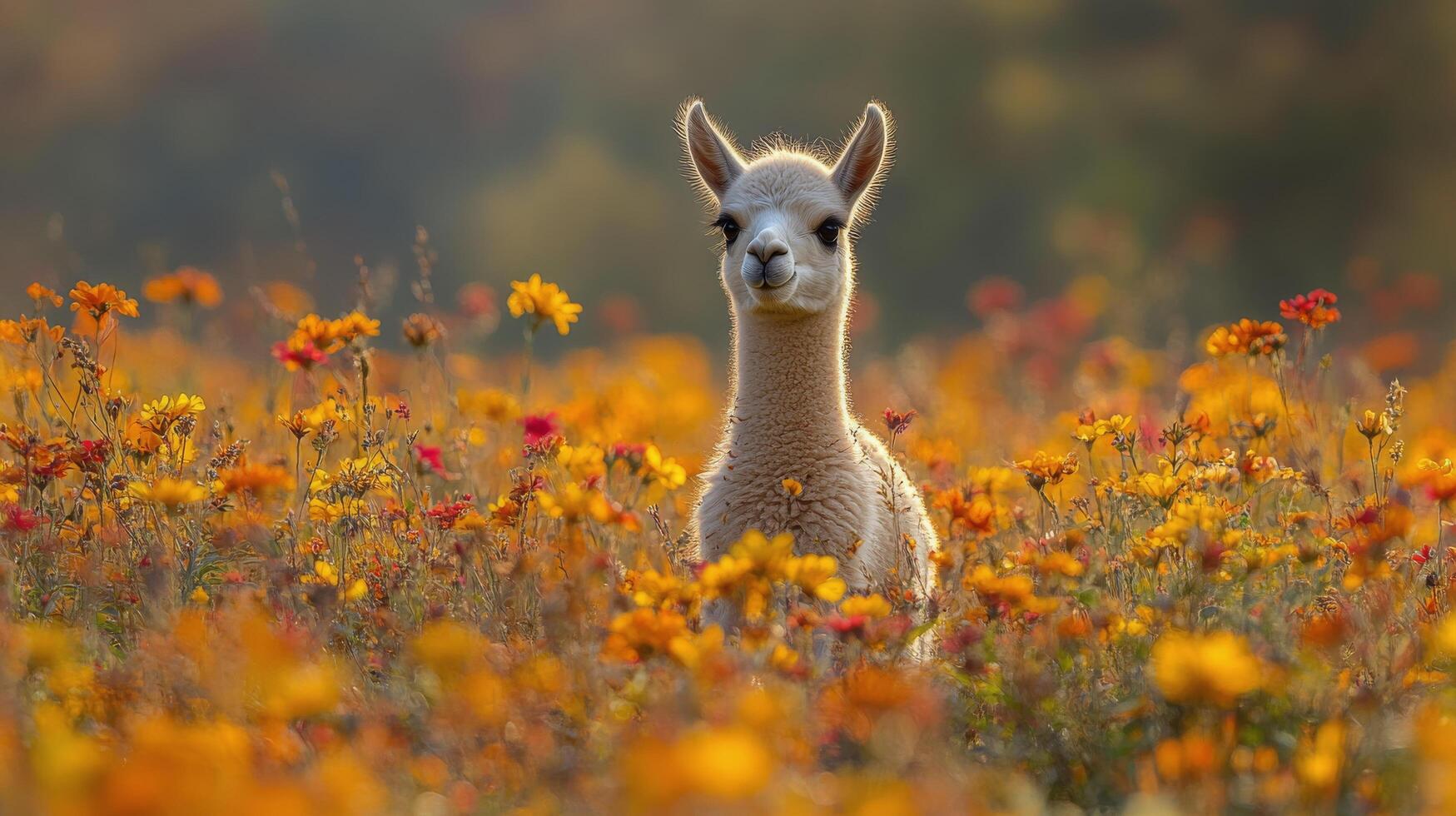 Cute baby alpaca standing in a field of flowers during sunset with warm light photo