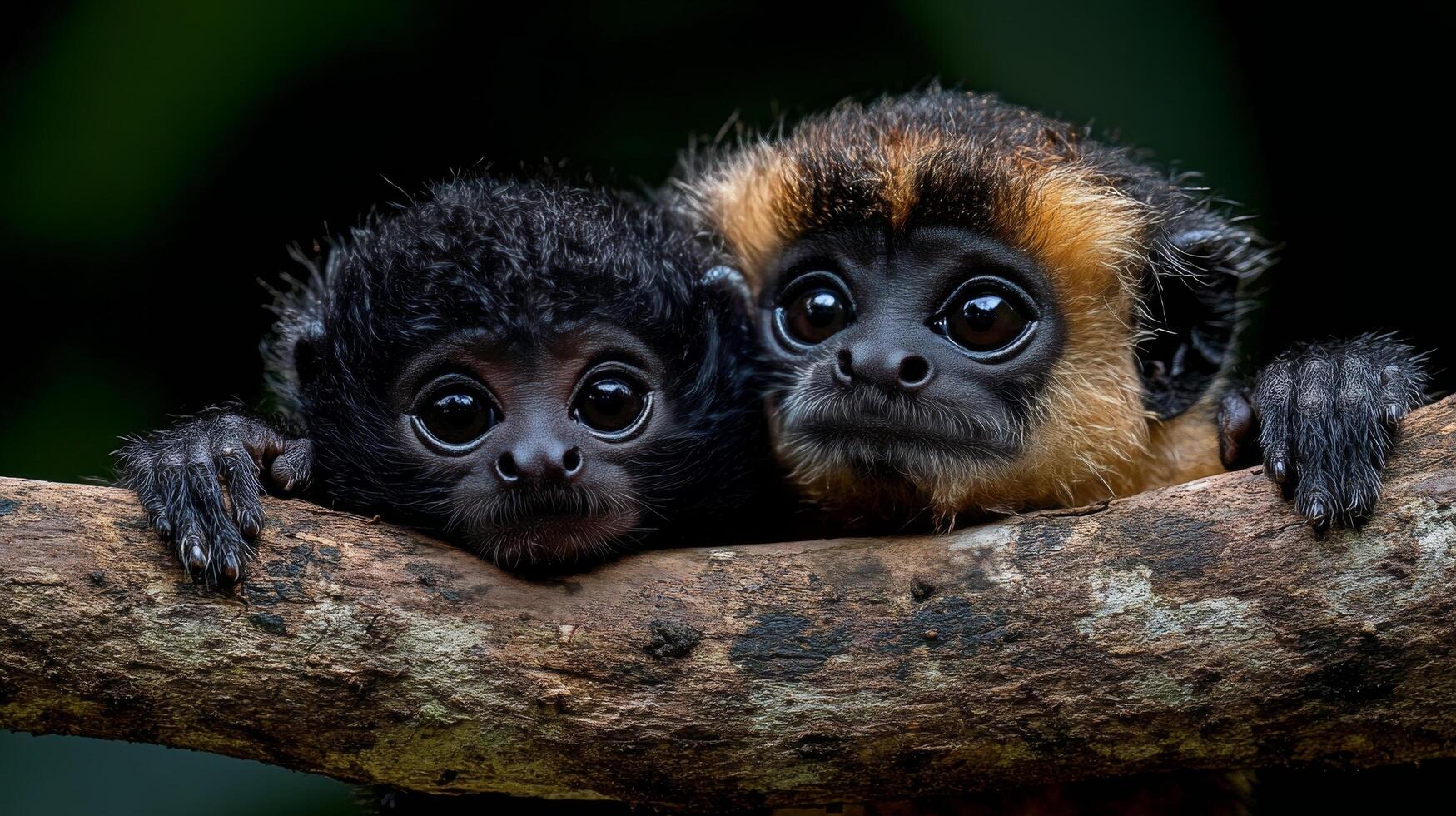 Playful monkeys clinging to tree branch in lush environment during daylight photo