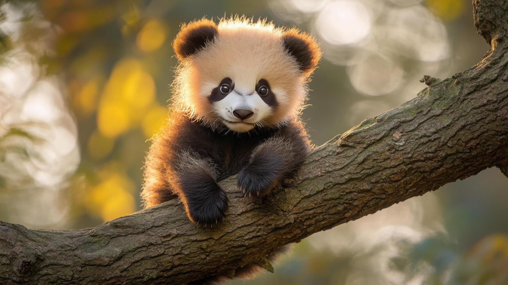 Cute panda cub sitting on a tree branch in a natural habitat during daytime photo