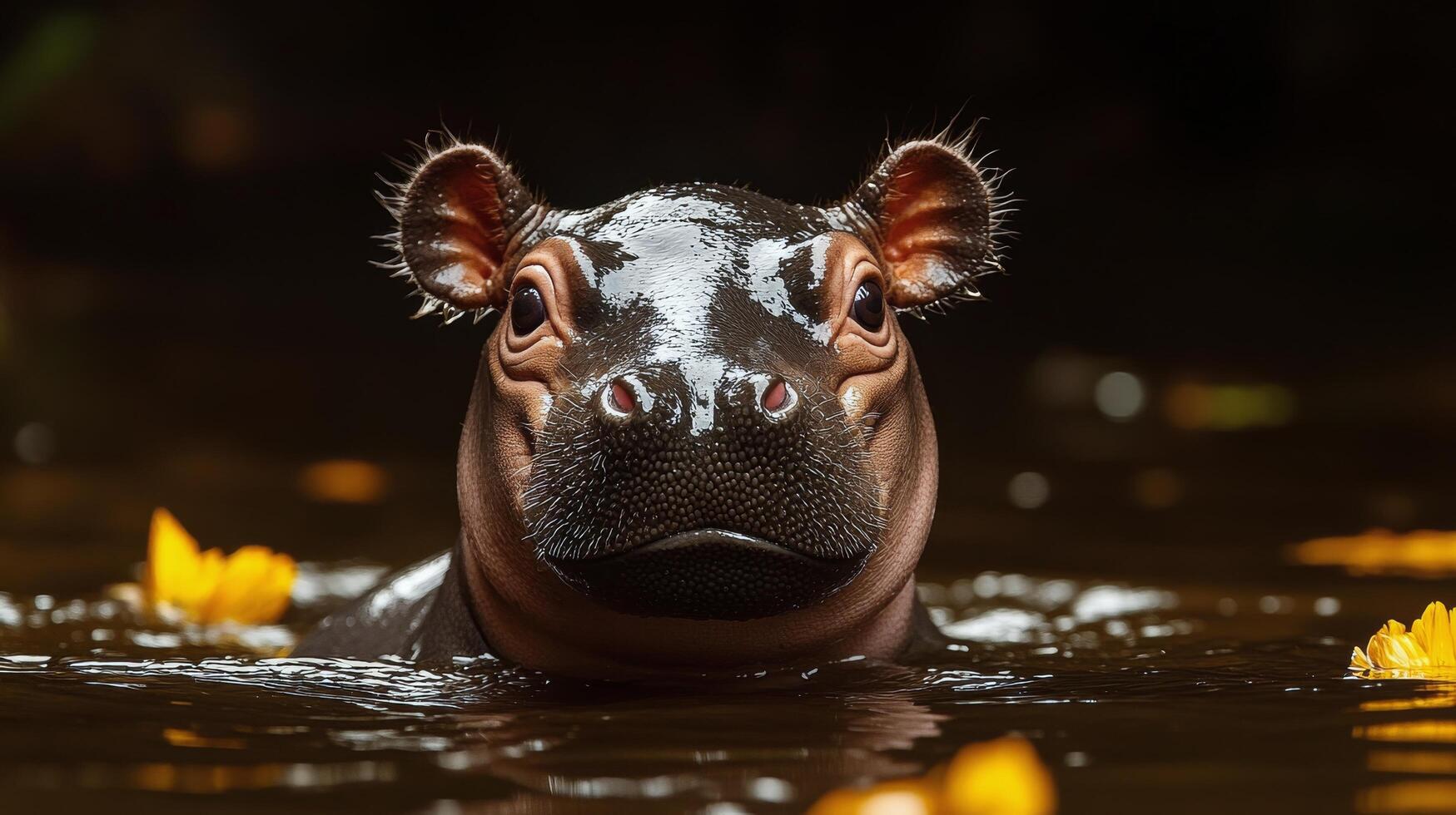 Hippo emerging from water with flowers in serene natural setting during daylight photo