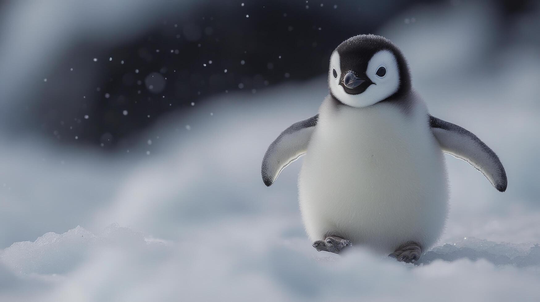 Adorable penguin chick standing on ice in a chilly environment captured during daylight hours photo
