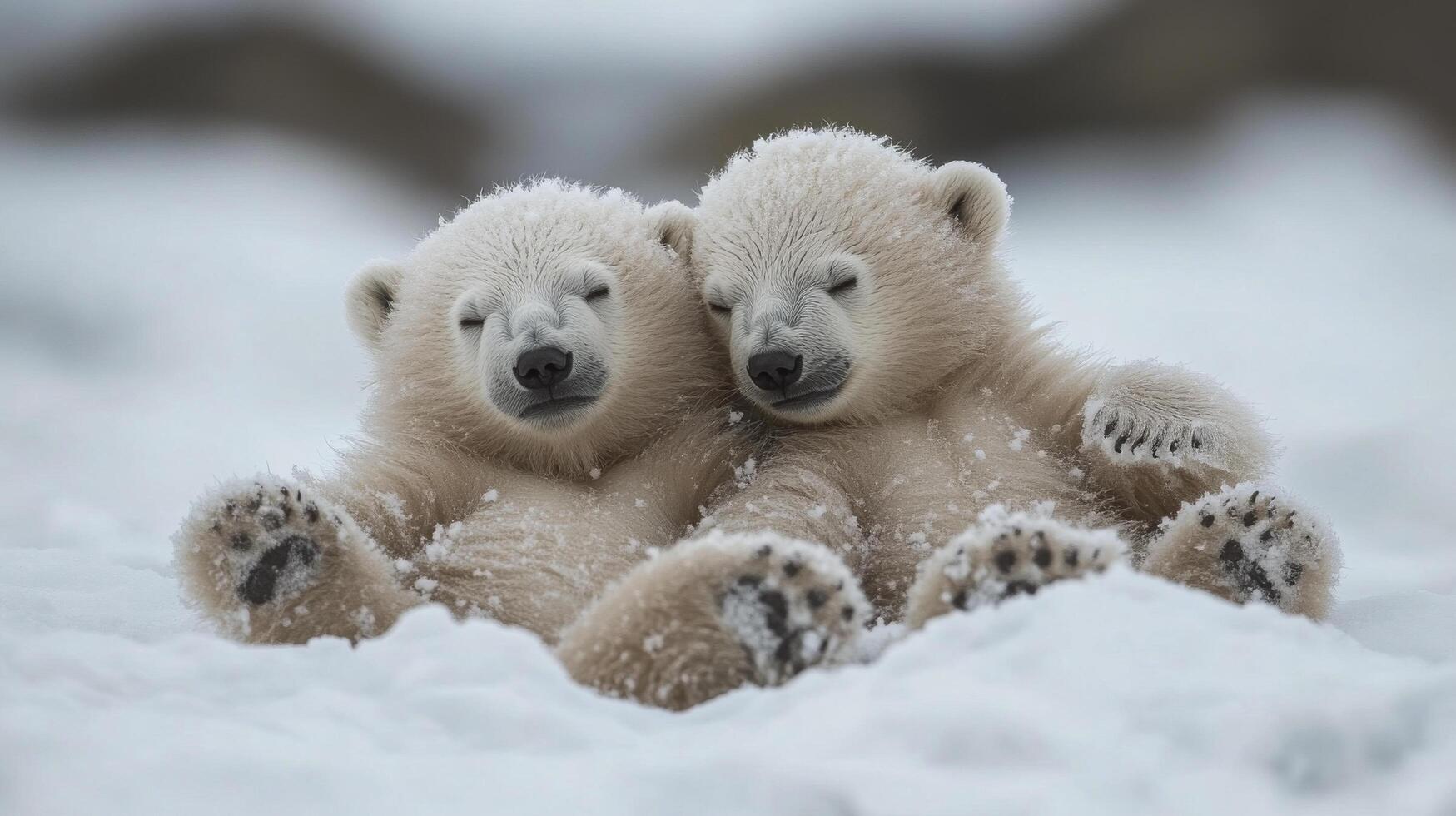 Cute polar bear cub napping on soft snow in a serene icy environment photo