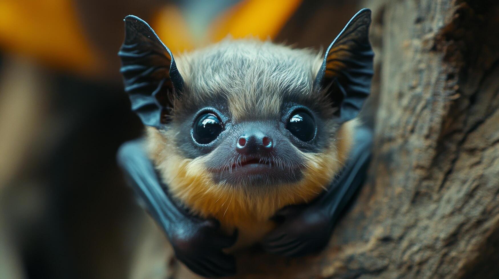 Cute bat hanging upside down in a natural habitat during daylight hours in a tropical environment photo