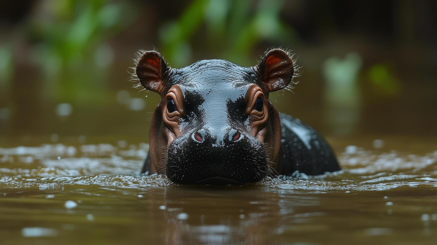 Hippo emerging from water with flowers in serene natural setting during daylight photo