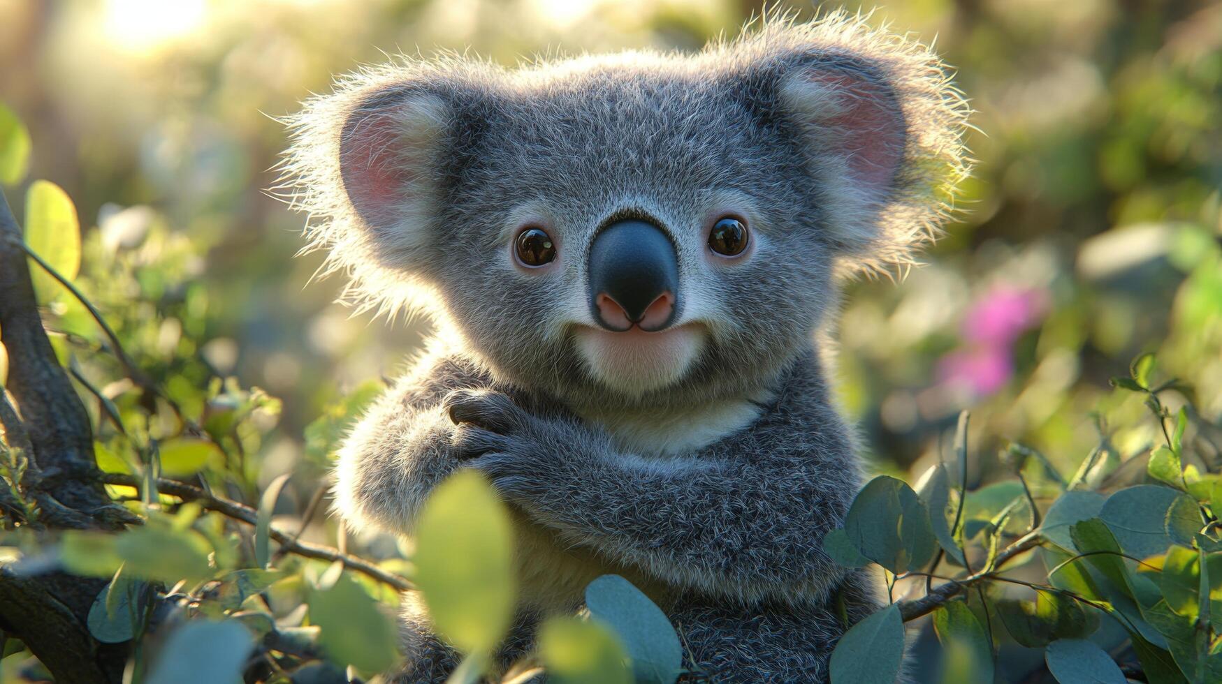 Cute koala clings to a tree as sunlight filters through the leaves during a serene afternoon photo