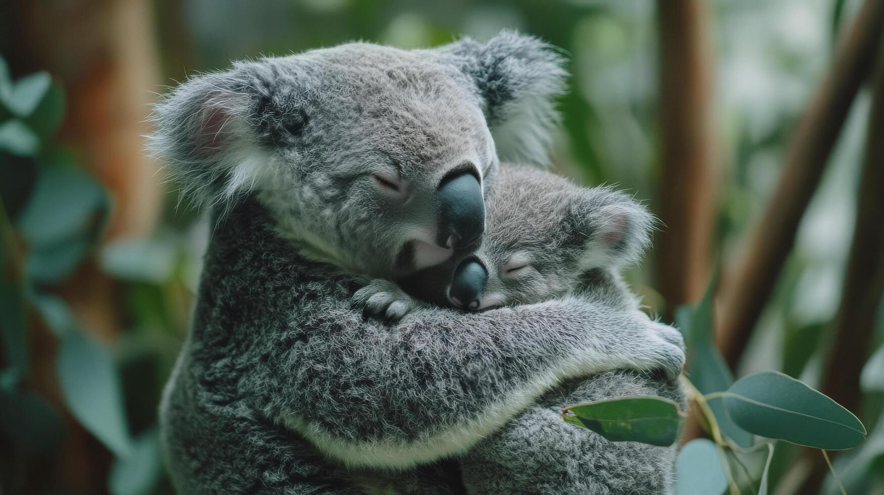 Cute koala clings to a tree as sunlight filters through the leaves during a serene afternoon photo