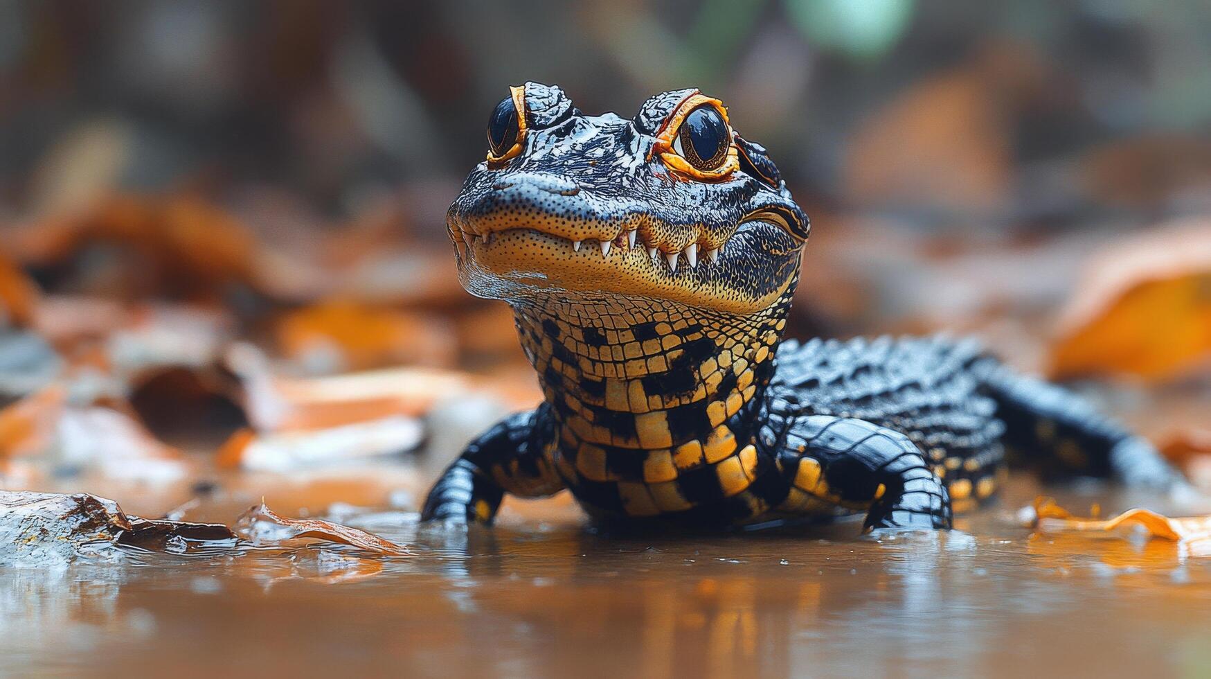Colorful lizard emerging from water surrounded by autumn leaves during a warm afternoon photo