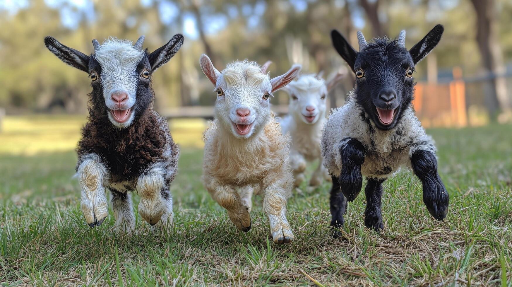 Playful baby goats running across a grassy field in springtime photo